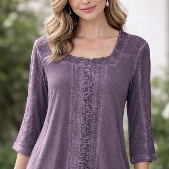 Parsley & Sage Tops - Parsley & Sage Top XL Purple Lace Stretch Cotton Rayon 3/4 Sleeve Button Boho